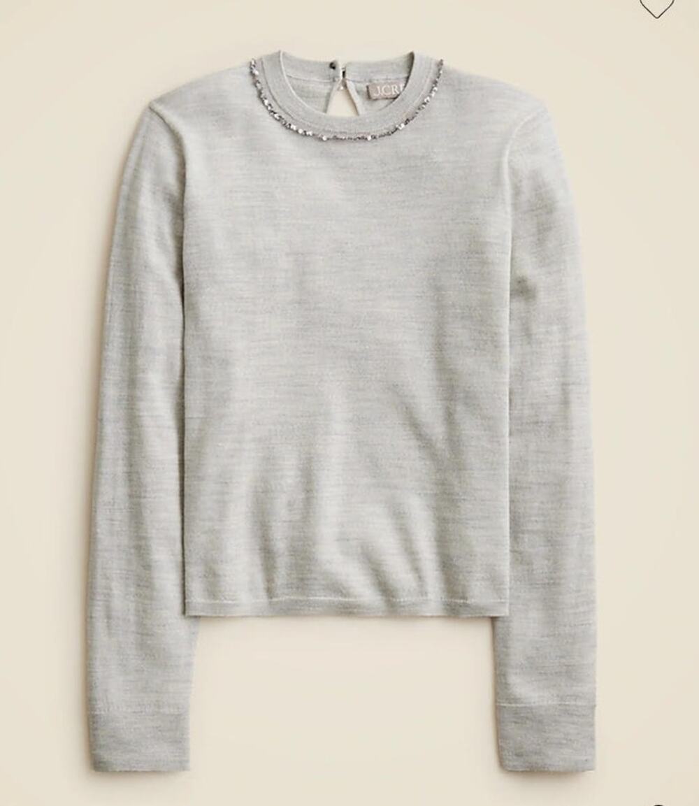 J Crew Carolyn Embellished Fitted Crewneck Sweater Merino Wool Gray L